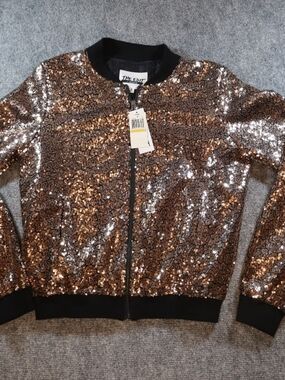 The Edit By Seventeen Bronze Sequin Bomber Jacket Womens Small NWT